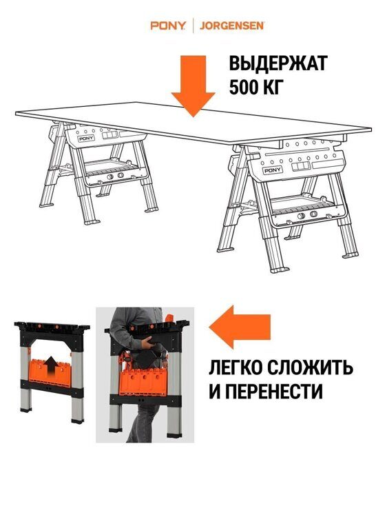 Козлы многофункциональные 2 шт. Pony Jorgensen в наборе 2 шт. струбцины E-Z HOLD 300мм 60400